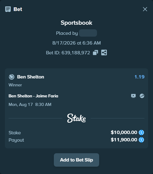 Bet slip: Ben Shelton - Jaime Faria, $10,000.00 stake at 1.19 odds, placed by Fekah4