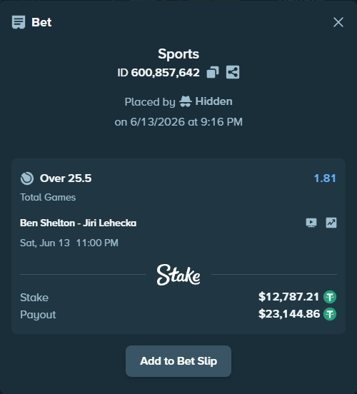 Bet slip: Ben Shelton - Jiri Lehecka, $12,800.00 stake at 1.81 odds, placed by Hidden