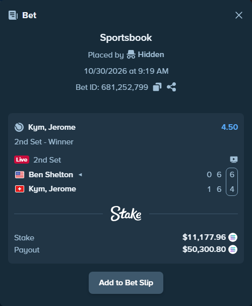 Bet slip: Ben Shelton - Kym, Jerome, $10,993.38 stake at 4.50 odds, placed by Prettylfacko98