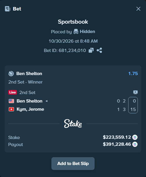 Bet slip: Ben Shelton - Kym, Jerome, $220,295.38 stake at 1.75 odds, placed by Prettylfacko98