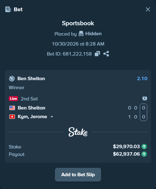Bet slip: Ben Shelton - Kym, Jerome, $30,000.00 stake at 2.10 odds, placed by Hidden