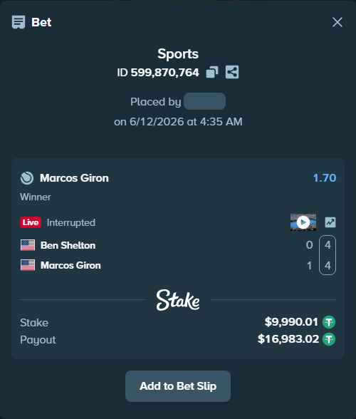 Bet slip: Ben Shelton - Marcos Giron, $10,000.00 stake at 1.70 odds, placed by Lyndon99