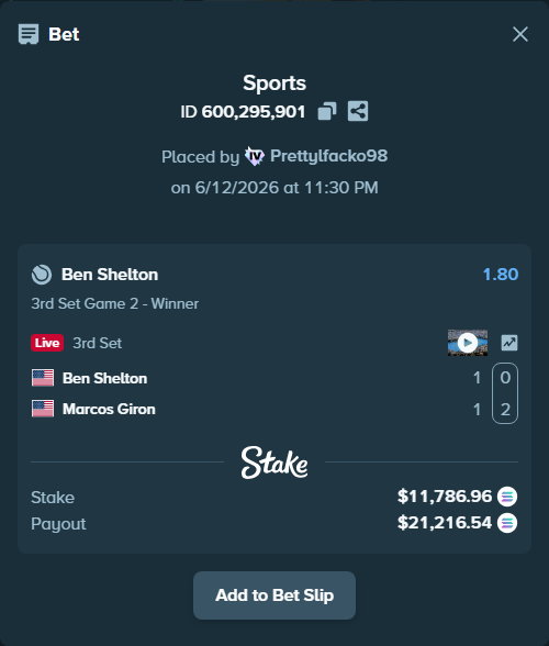 Bet slip: Ben Shelton - Marcos Giron, $13,005.17 stake at 1.80 odds, placed by Prettylfacko98