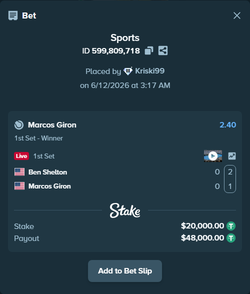 Bet slip: Ben Shelton - Marcos Giron, $20,020.00 stake at 2.40 odds, placed by Kriski99