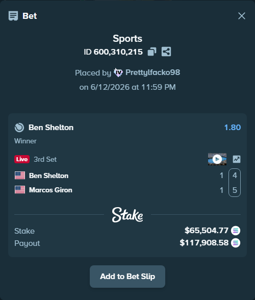 Bet slip: Ben Shelton - Marcos Giron, $71,938.23 stake at 1.80 odds, placed by Prettylfacko98