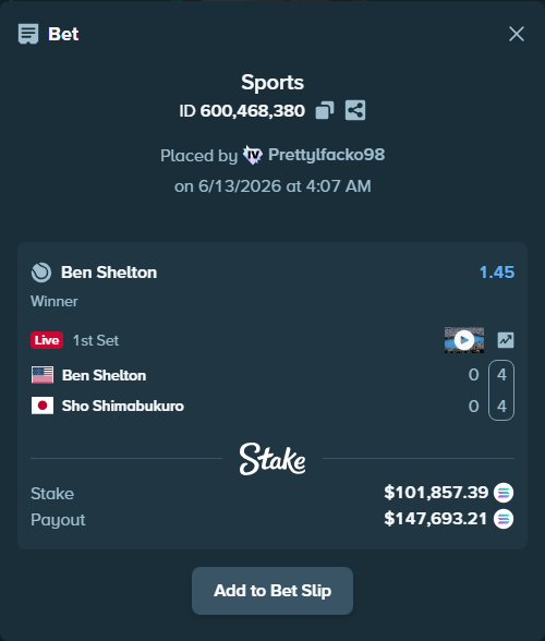Bet slip: Ben Shelton - Sho Shimabukuro, $111,337.76 stake at 1.45 odds, placed by Prettylfacko98