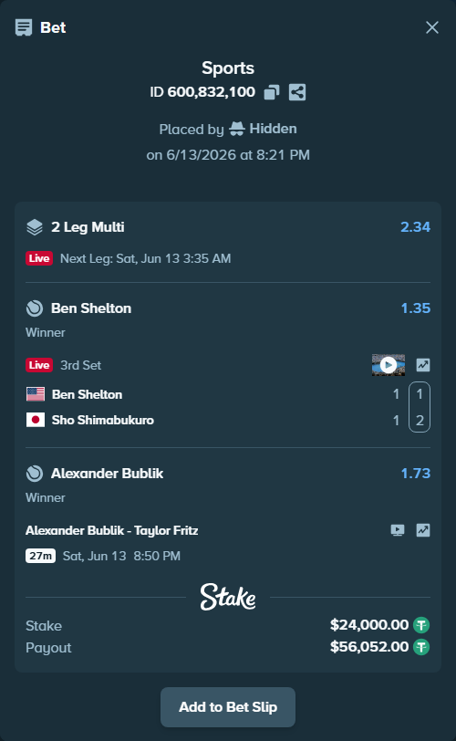 Bet slip: Ben Shelton - Sho Shimabukuro, $24,024.00 stake at 1.35 odds, placed by Hidden