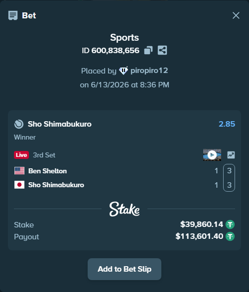 Bet slip: Ben Shelton - Sho Shimabukuro, $39,900.00 stake at 2.85 odds, placed by piropiro12