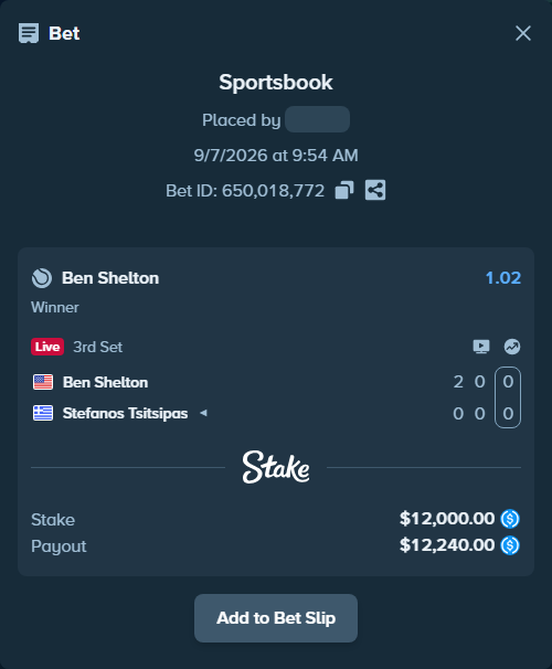 Bet slip: Ben Shelton - Stefanos Tsitsipas, $12,000.00 stake at 1.02 odds, placed by Fekah4