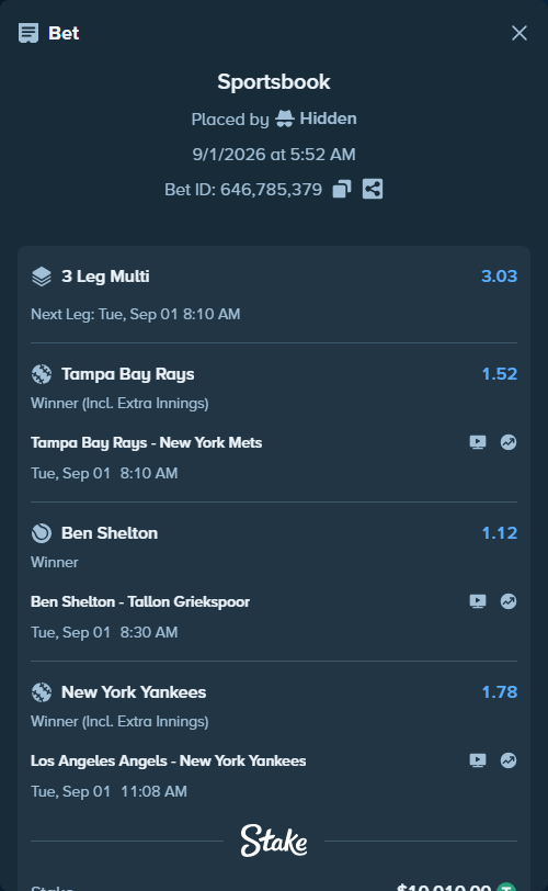 Bet slip: Ben Shelton - Tallon Griekspoor, $10,010.00 stake at 1.12 odds, placed by Hidden