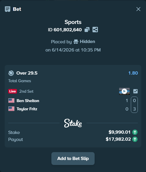 Bet slip: Ben Shelton - Taylor Fritz, $10,000.00 stake at 1.80 odds, placed by Hidden