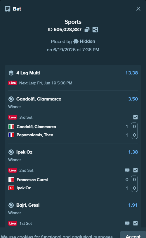 Bet slip: Ben Shelton - Taylor Fritz, $10,000.00 stake at 1.45 odds, placed by Hidden