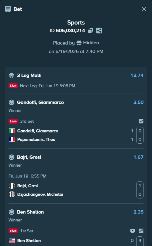 Bet slip: Ben Shelton - Taylor Fritz, $10,000.00 stake at 2.35 odds, placed by Hidden