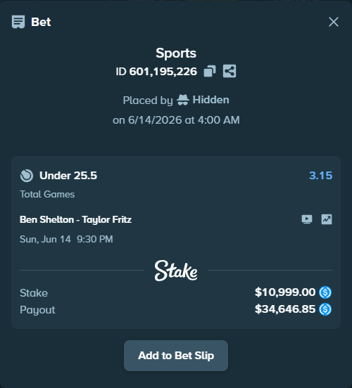 Bet slip: Ben Shelton - Taylor Fritz, $10,999.00 stake at 3.15 odds, placed by Hidden