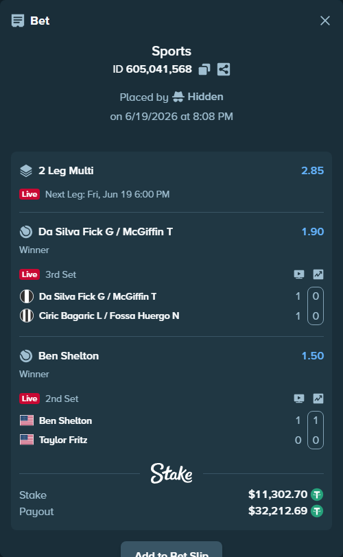 Bet slip: Ben Shelton - Taylor Fritz, $11,314.00 stake at 1.50 odds, placed by Hidden