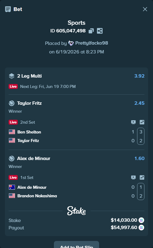 Bet slip: Ben Shelton - Taylor Fritz, $14,816.79 stake at 2.45 odds, placed by Prettylfacko98
