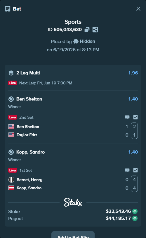 Bet slip: Ben Shelton - Taylor Fritz, $22,566.00 stake at 1.40 odds, placed by Hidden