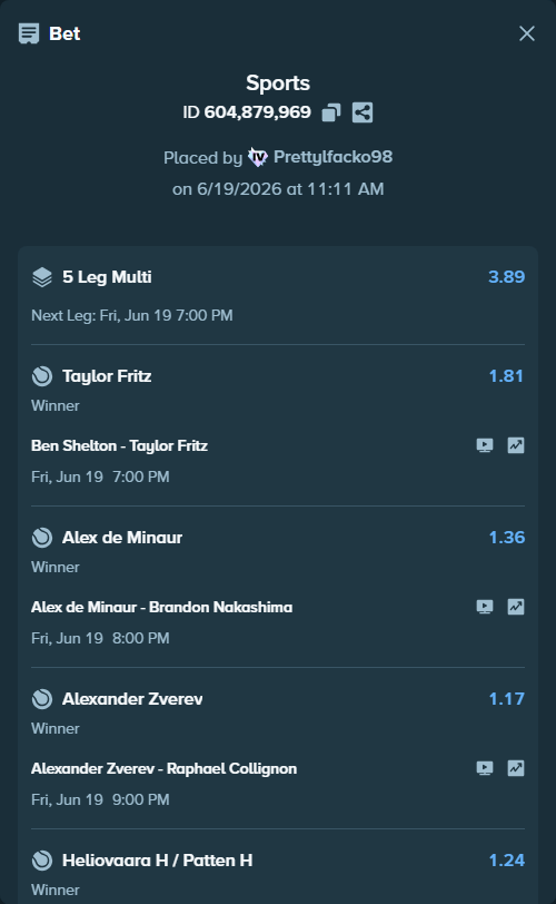 Bet slip: Ben Shelton - Taylor Fritz, $39,491.76 stake at 1.81 odds, placed by Prettylfacko98