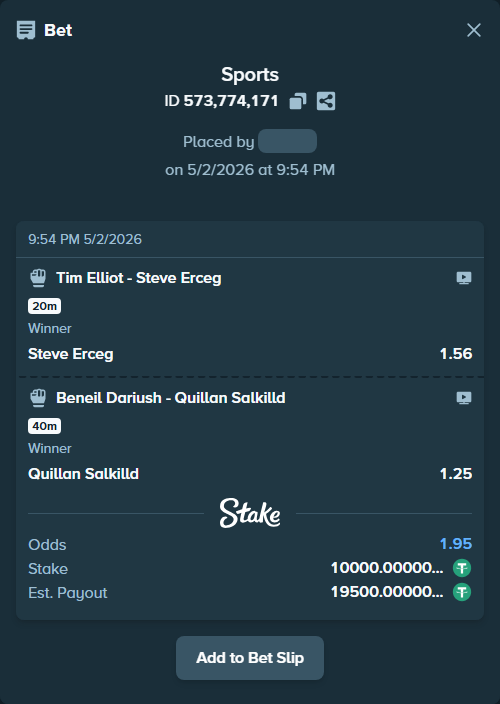 Bet slip: Beneil Dariush - Quillan Salkilld, $10,000.00 stake at 1.25 odds, placed by Rosspicks