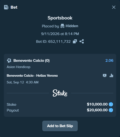 Bet slip: Benevento Calcio - Hellas Verona, $10,000.00 stake at 2.06 odds, placed by Hidden