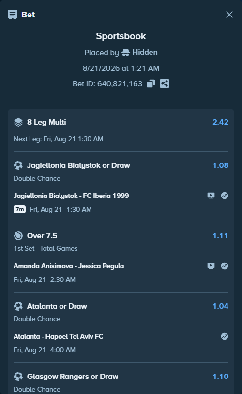 Bet slip: Benfica - Aarhus, $130,130.00 stake at 1.04 odds, placed by Hidden