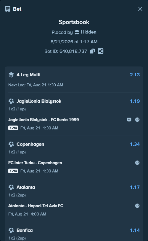Bet slip: Benfica - Aarhus, $15,000.00 stake at 1.14 odds, placed by Hidden