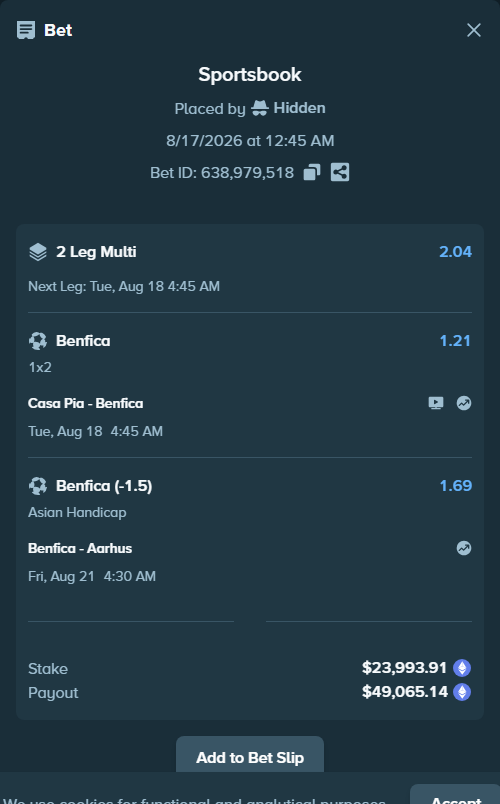 Bet slip: Benfica - Aarhus, $24,008.99 stake at 1.69 odds, placed by myprecious1
