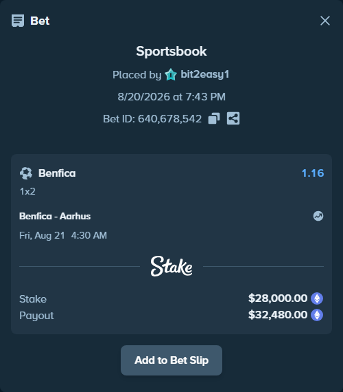 Bet slip: Benfica - Aarhus, $29,715.89 stake at 1.16 odds, placed by bit2easy1