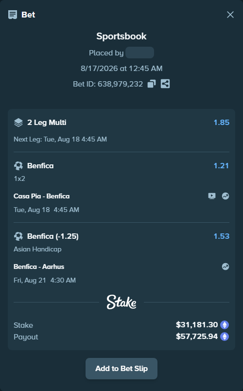 Bet slip: Benfica - Aarhus, $31,200.90 stake at 1.53 odds, placed by myprecious1