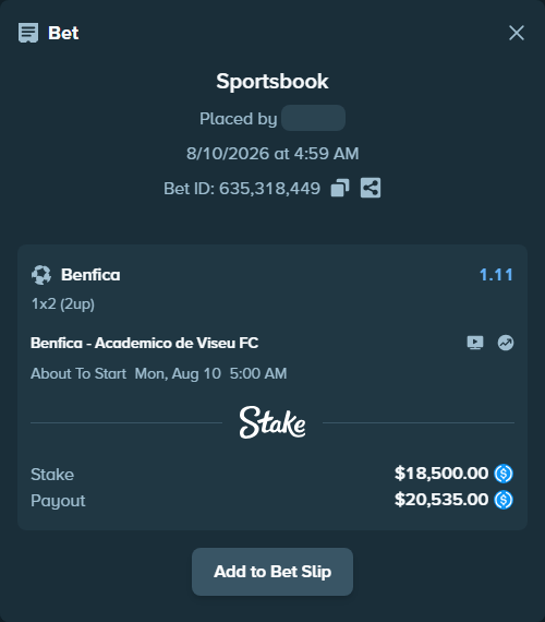 Bet slip: Benfica - Academico de Viseu FC, $18,500.00 stake at 1.11 odds, placed by Hasse5