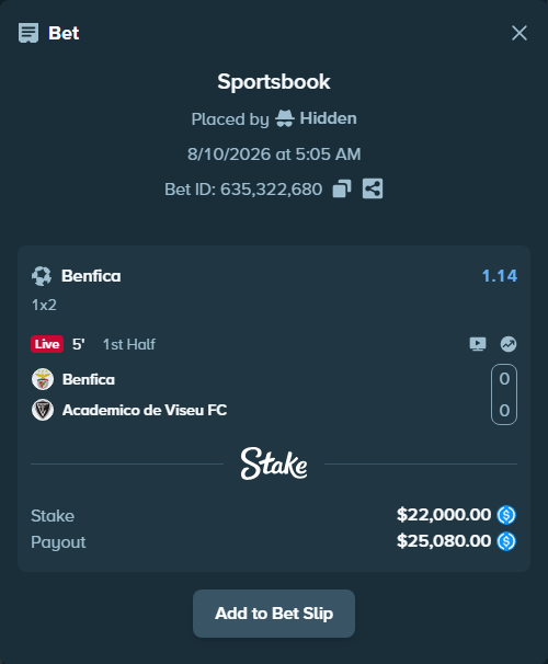 Bet slip: Benfica - Academico de Viseu FC, $22,000.00 stake at 1.14 odds, placed by Hidden