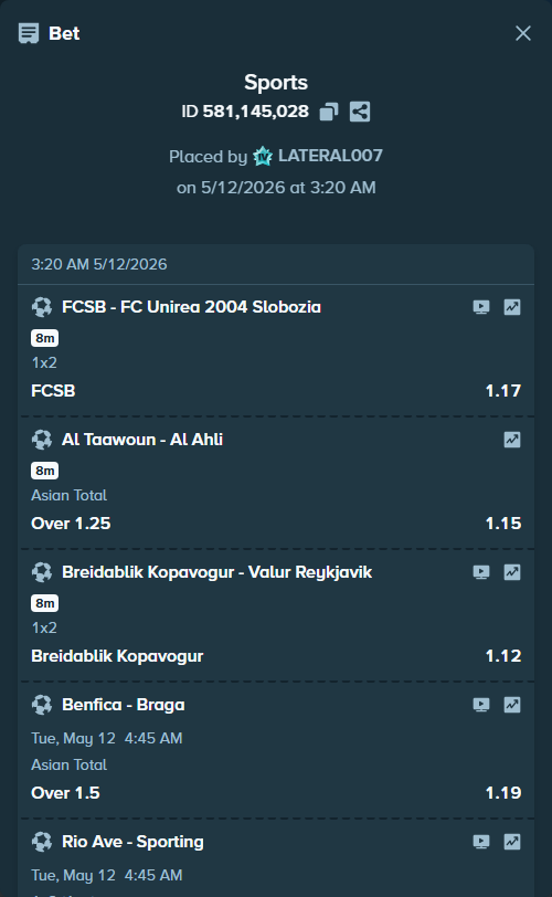 Bet slip: Benfica - Braga, $10,001.00 stake at 1.19 odds, placed by LATERAL007