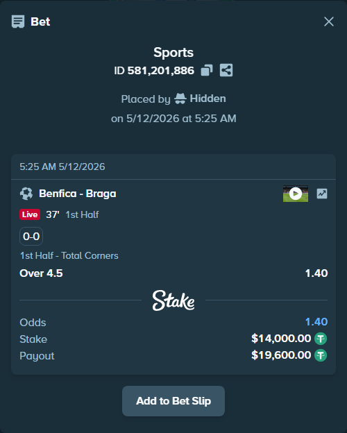 Bet slip: Benfica - Braga, $14,000.00 stake at 1.40 odds, placed by Hidden