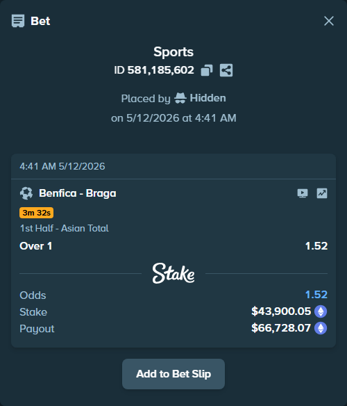 Bet slip: Benfica - Braga, $32,591.22 stake at 1.52 odds, placed by Hidden