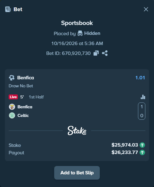 Bet slip: Benfica - Celtic, $26,000.00 stake at 1.01 odds, placed by oscardv1981