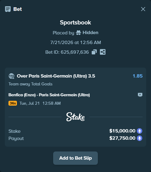 Bet slip: Benfica (Enzo) - Paris Saint-Germain (Ultra), $15,218.97 stake at 1.85 odds, placed by Hidden