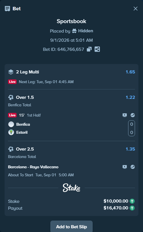 Bet slip: Benfica - Estoril, $10,000.00 stake at 1.22 odds, placed by Hidden