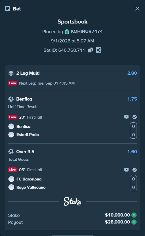 Bet slip: Benfica - Estoril, $10,000.00 stake at 1.75 odds, placed by KOHINUR7474