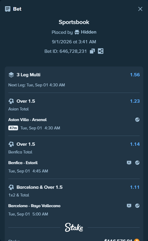 Bet slip: Benfica - Estoril, $115,863.91 stake at 1.14 odds, placed by Hidden
