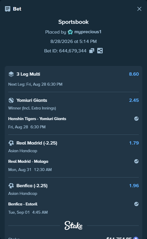 Bet slip: Benfica - Estoril, $11,812.35 stake at 1.96 odds, placed by myprecious1