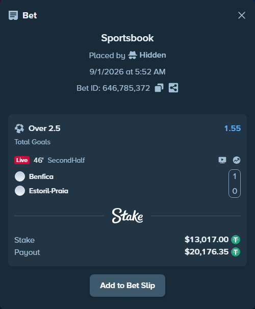 Bet slip: Benfica - Estoril, $13,017.00 stake at 1.55 odds, placed by Hidden