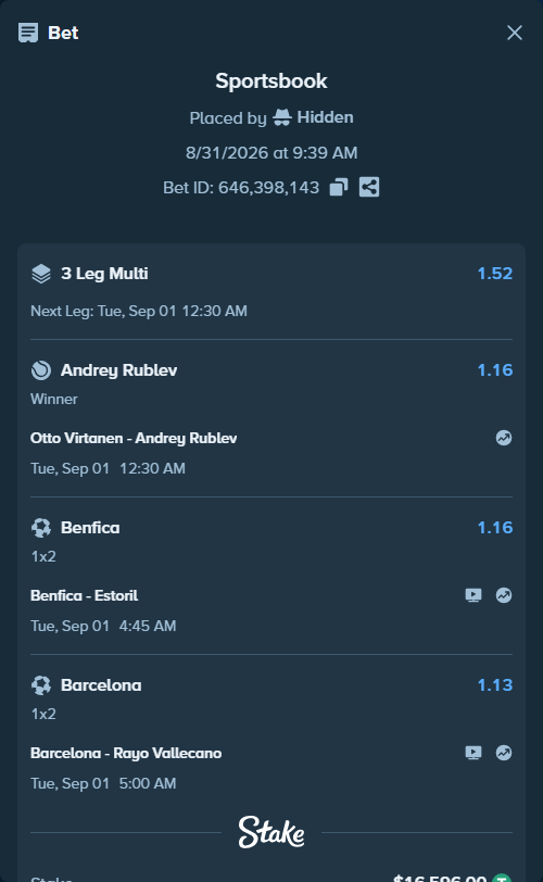 Bet slip: Benfica - Estoril, $16,596.00 stake at 1.16 odds, placed by Hidden