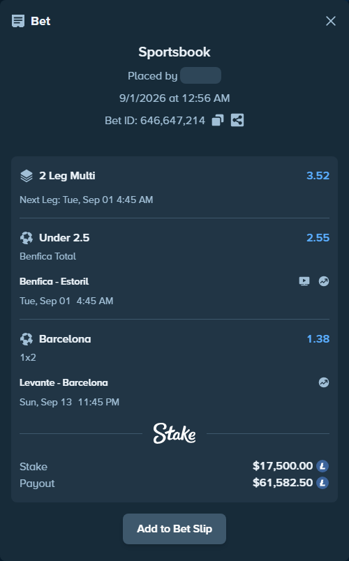 Bet slip: Benfica - Estoril, $17,526.82 stake at 2.55 odds, placed by myprecious1