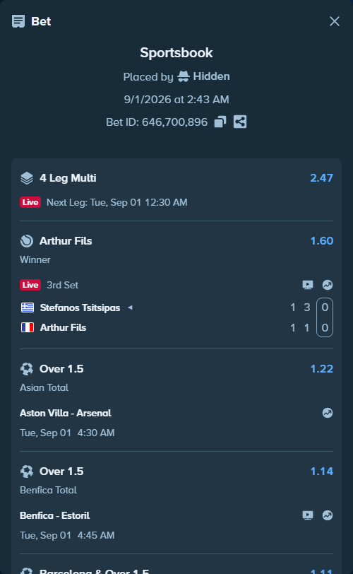 Bet slip: Benfica - Estoril, $58,322.84 stake at 1.14 odds, placed by Hidden