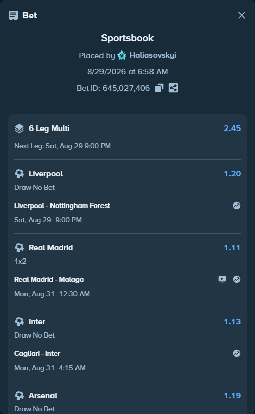 Bet slip: Benfica - Estoril, $61,761.00 stake at 1.16 odds, placed by Haliasovskyi