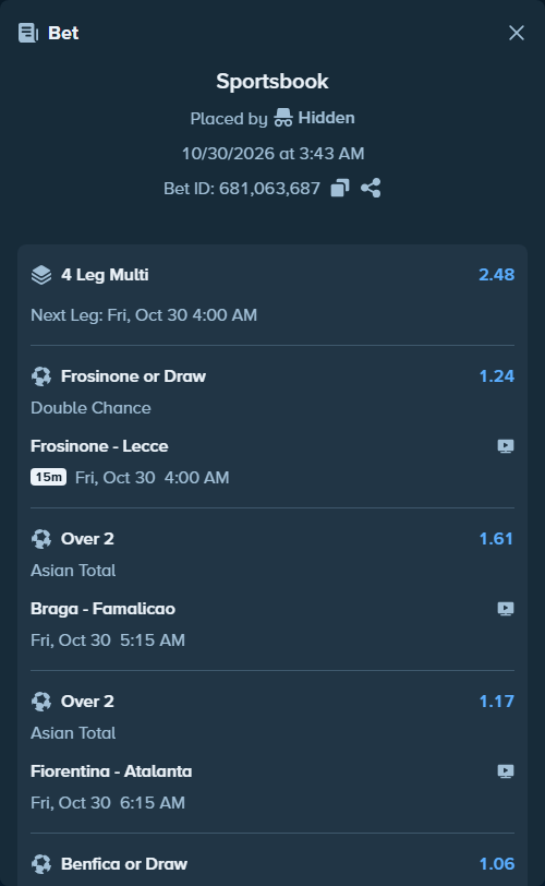 Bet slip: Benfica - Gil Vicente, $12,500.00 stake at 1.06 odds, placed by Hidden