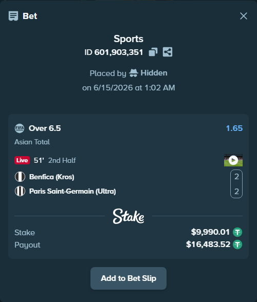 Bet slip: Benfica (Kros) - Paris Saint-Germain (Ultra), $10,000.00 stake at 1.65 odds, placed by Hidden