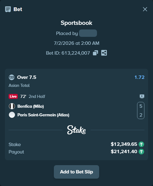Bet slip: Benfica (Milo) - Paris Saint-Germain (Atlas), $12,362.00 stake at 1.72 odds, placed by wswrj2008