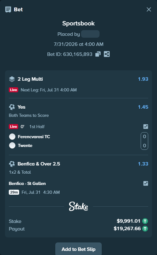 Bet slip: Benfica - St Gallen, $10,001.00 stake at 1.33 odds, placed by Eray10