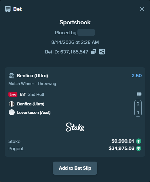Bet slip: Benfica (Ultra) - Leverkusen (Axel), $10,000.00 stake at 2.50 odds, placed by Pobedaone555